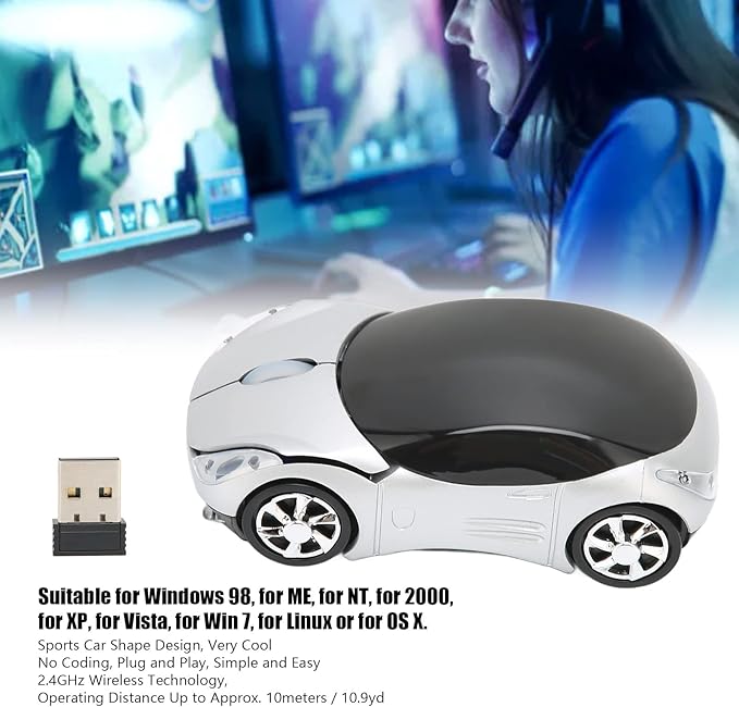 ASHATA Mouse, 2.4GHz Cool Sport Car Mouse, Car Shape Mouse Optical Gaming Mouse for 98 for 7 for Linux,for PC Laptop Computer (Silver)
