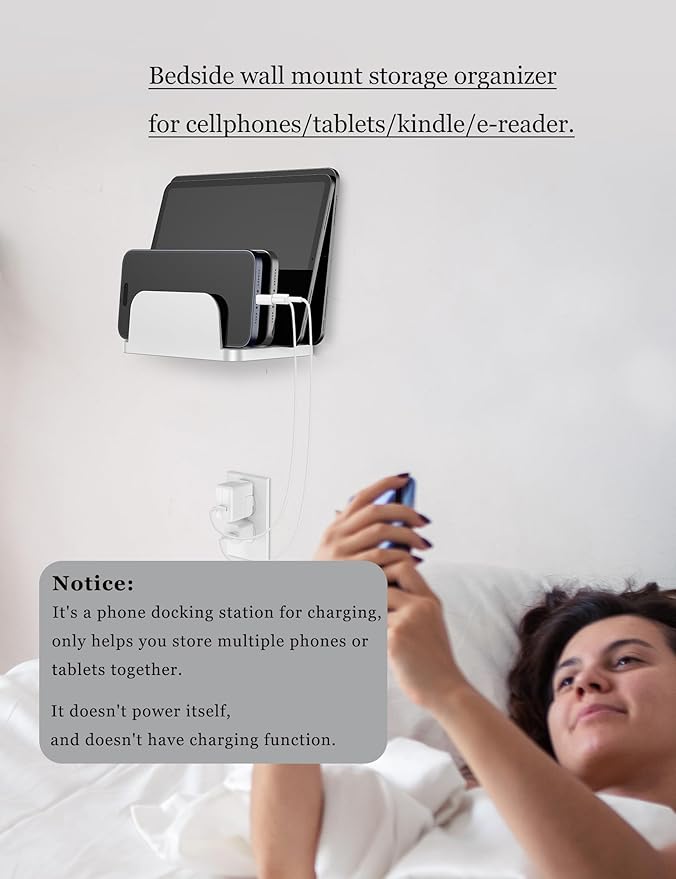 Wall Mount Phone Holder for Smartphones and Tablets, Phone Shelf with 4-Slot Docking Station Compatible with Tablet, ipad, Kindle Wall Charging Organizer (Black)