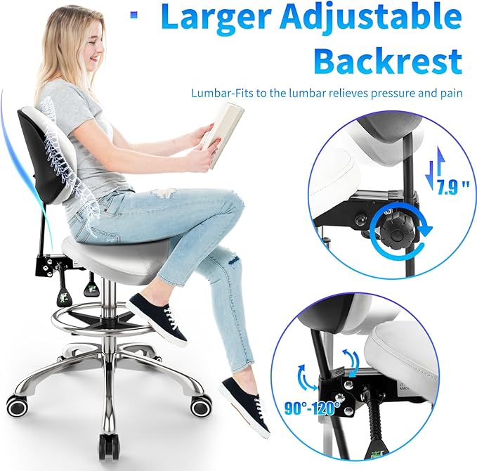 Saddle Chair with Back Support - Tilted Backrest, Adjustable Foot Rest, 350 LBS Capacity Ergonomic, 360° Swivel Drafting Chair for Salon, Spa, Massage, Tattoo, Facial lash, Home, Dentist (White)
