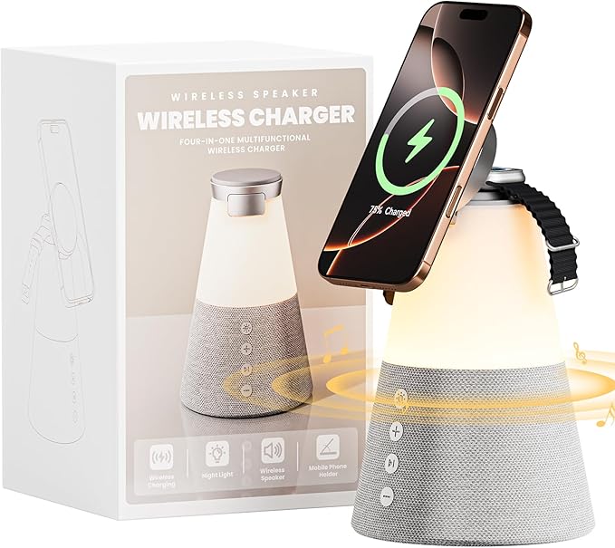 Bluetooth Speaker with Light, 4 in 1 15W Portable Speaker Magnetic Wireless Charger, Portable Bluetooth Speakers with Phone Stand, Men Gifts Dimmable Night Light Speakers, Birthday Gifts for Women