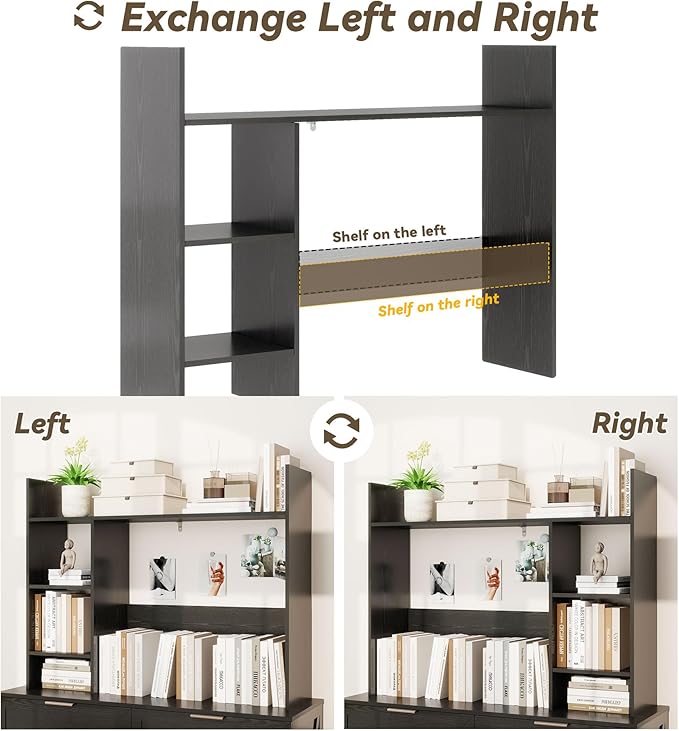 FTZxHKLX Desktop Bookshelf, Wood Desk Organizer Hutch with 3 Shelves for Computer Desk, 37.4'' Multipurpose Display Rack with Storage for College Dorm Office Home, Black