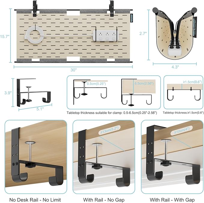 2-in-1 Under Desk Cable Management Tray & Privacy Panel, Dual-Sided Felt Cord Organizer to Hide Wires and Clutter, Desk Mount Cord Holder for Office and Home, Clamp or Screw Mount (Gray/Khaki, 30")