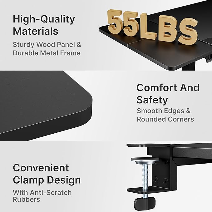 PEGZONE Desk Extender Tray, 28" x 12" Clamp On Desk Shelf, Desk Extension with Laptop Holder, Table Desk Arm Rest, Clamp On Keyboard Tray for Office and Home, Workstation Organizer, Large, Black