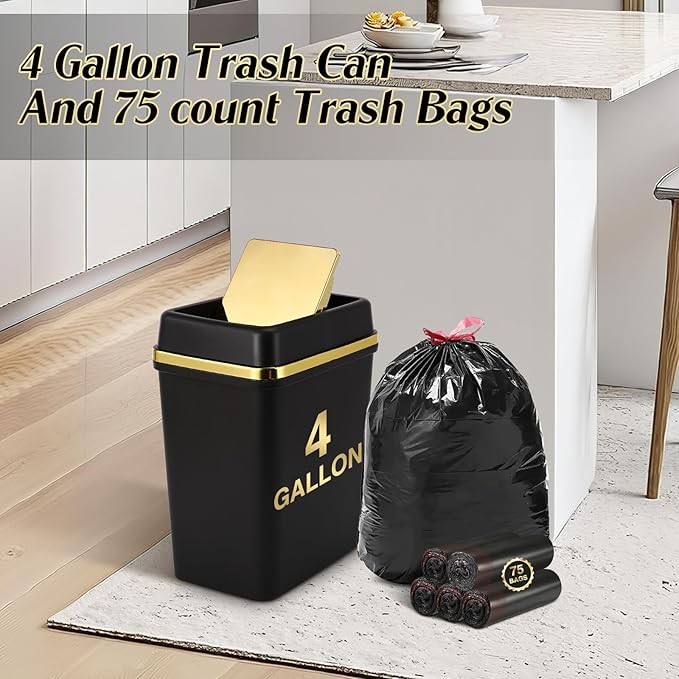 Bathroom Trash Can with Lid 4 Gallon Trash Can with Swing Lid Small Garbage Can Black Bathroom Trash Can with 300 Counts Trash Bags for Kitchen Bedroom Office Dorm
