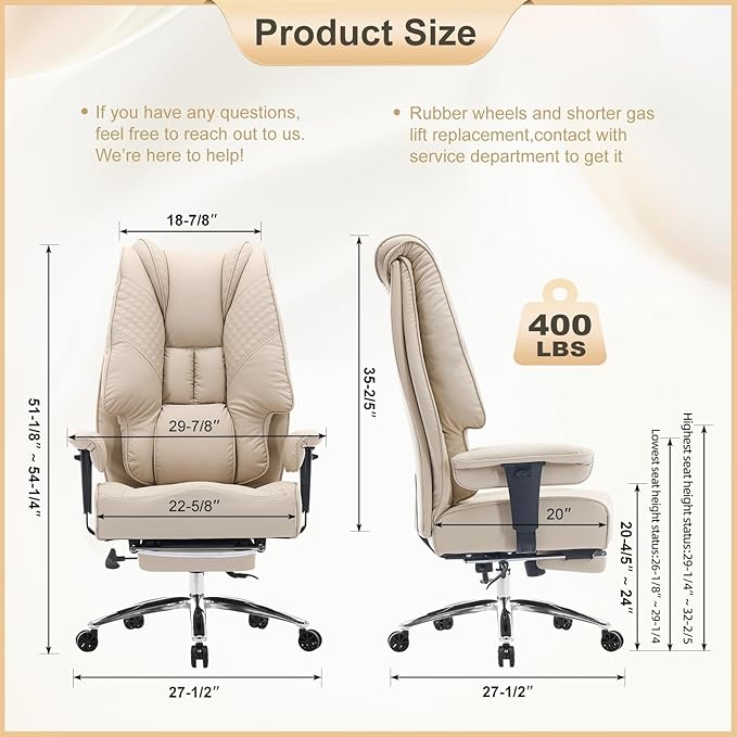 EXCEBET Big and Tall Office Chair 400lbs Wide Seat, Leather High Back Executive Office Chair with Foot Rest, Ergonomic Chairs Lumbar Support for Lower Back Pain Relief (Beige)