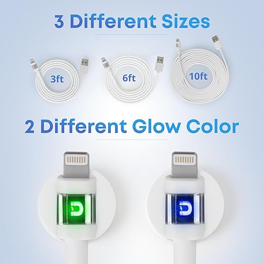 3ft LED Phone Lightning Cable with Magnetic Tip, Magnetic Cord Holder & Green Night Glow Light – Durable Fast Charger Cable for iPhone 5–14 and More