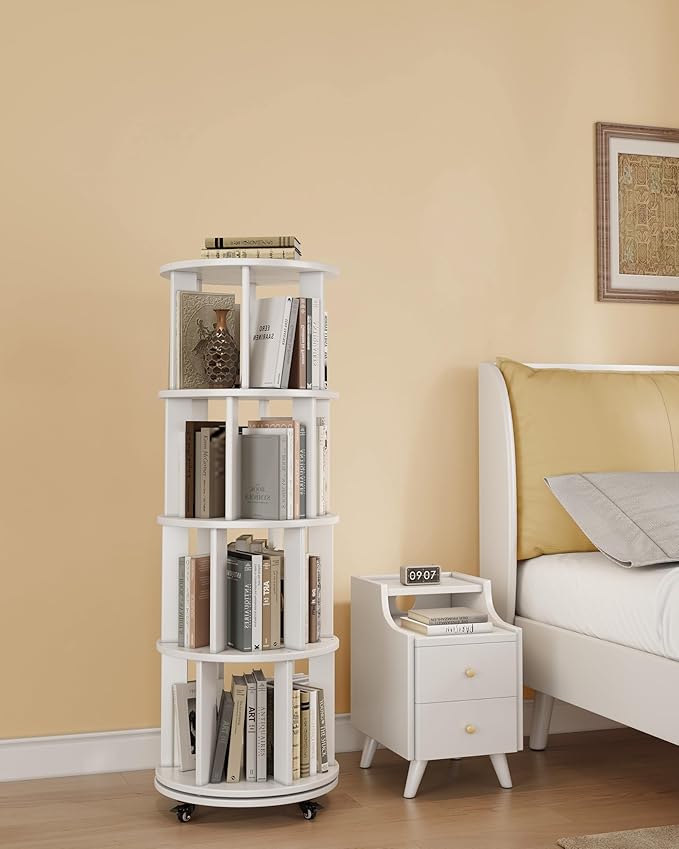 IUNVR Rotating Bookshelf, 4 Tier Solid Wood Bookshelf Tower with Lockable Wheels, 360° Spinning Revolving Bookcase for Small Spaces, Corners, Bedroom, Kids Room, Home Office, White