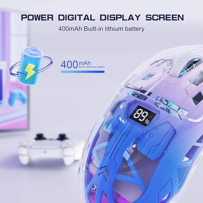 FREEWOLF A2 Transparent Wireless Gaming Mouse,Dual Mode BT 5.0/2.4G PC Gaming Mice,PixArt 3212 5 Adjustable DPI,Rechargeable Silent Mouse with Digital Screen,RGB Backlight Mouse for Win/Mac(Purple)