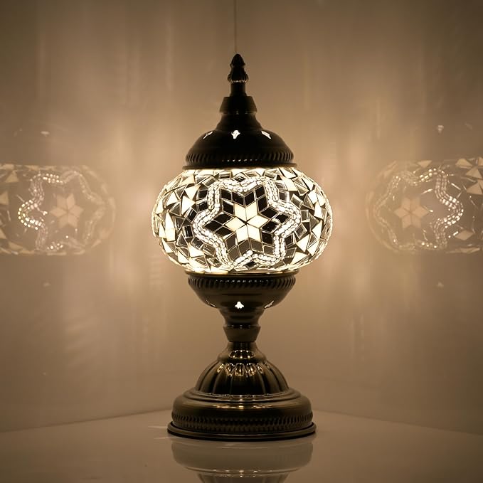 GOGERS Turkish Moroccan Table Lamp Lantern with Handmade Mosaic Glass Lampshade Tiffany Style Bohemian Stained Glass Decorative Desk Lamps Bedside Night Lights for Bedroom (White 2)