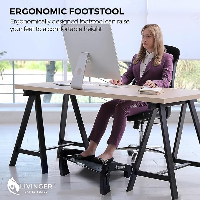 Livinger Foot Stool – Adjustable Foot Rest with 6 Height Settings – Under-Desk Support with Non-Slip Legs – Ergonomic Foot Roller – Sturdy Design for Office or Home
