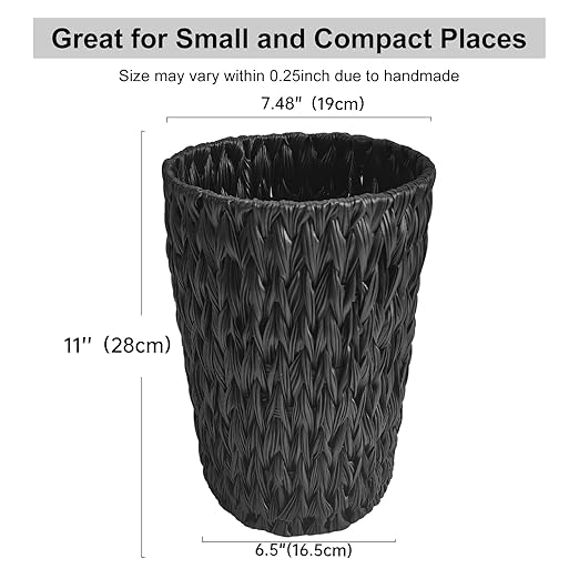Coeusy Wicker Trash Can,Small Trash Can,Handwoven Waterproof Wicker Trash Basket,Round Garbage Can,Compact Waste Basket for Bathroom,Bedroom,Office,2 Gallon Black