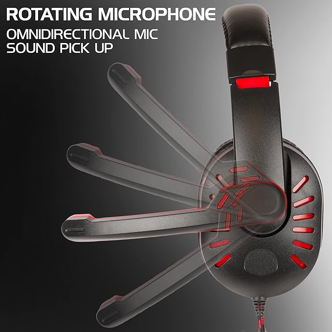 ENHANCE GX-H5 Gaming Headset with Microphone - Universal Gaming Headset for PS4, PS5, Xbox, PC, Switch with Adjustable Headband, Volume Controller, USB Sound-Isolating Earcups, Splitter Cable (Red)