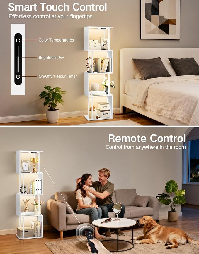 5 Tier S-Shaped Geometric Bookshelf with LED Light, 3 Color Temperatures, Touch & Remote Control, Dimmable Standing Bookcase, Small Display Shelf for Living Room, Bedroom, Office(White)