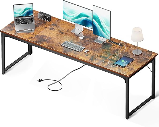 Coleshome 79 Inch Large Computer Desk with Power Outlet, Extra Long Desk for Home Office & Gaming, Spacious Writing Table for Study and Crafting, Rustic Brown
