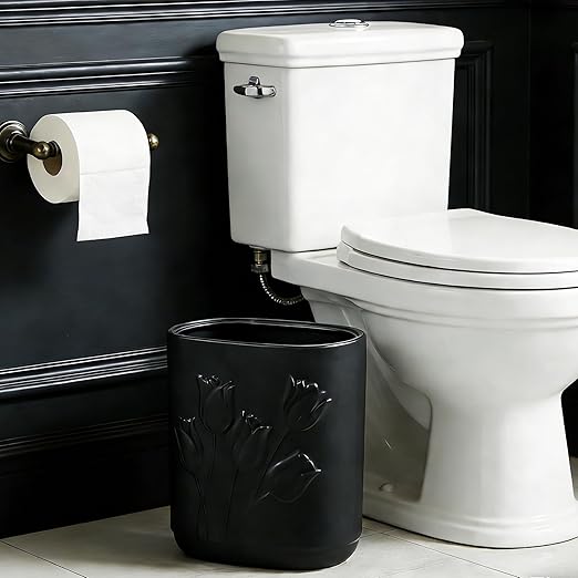 Black Ceramic Tulips Small Bathroom Trash Can 2.6 Gal (10 Liter) - Heavy & Decorative Garbage Bin for Bathroom, Kitchen, Office, Bedroom & Living Room Corner