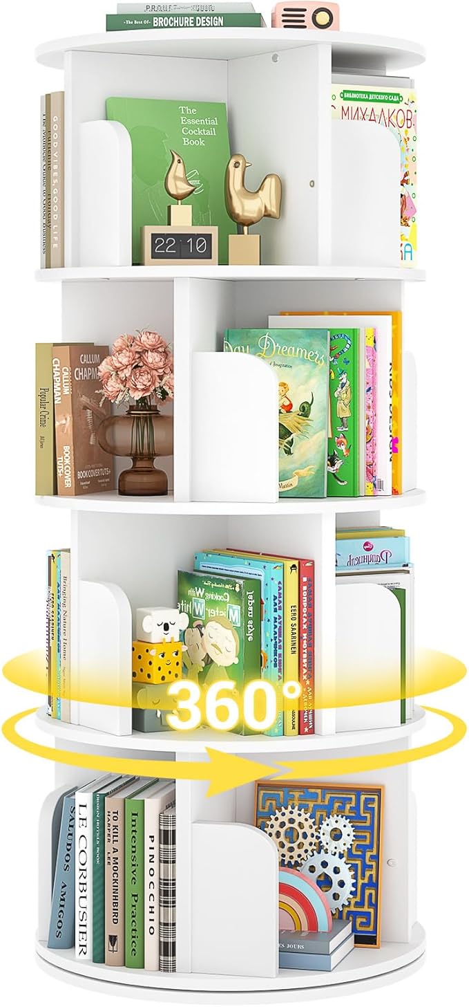 Besiost Rotating Bookshelf, Wood Corner Bookshelf, 360 Display Spinning Bookcase Storage Rack, 4 Tier Floor Standing Revolving Bookcase Narrow Book Shelf Organizer for Small Space, Bedroom, White
