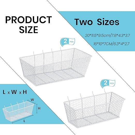 Sieral 4 Pcs Pegboard Baskets Metal Wire Shelf Baskets Peg Board Organizer Accessories Wall Mount Organizer Attachments for Garage Workbench Various Tool Accessories, 2 Sizes (White,Small, Medium)