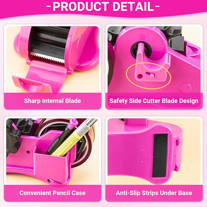 THINKLEARN Heat Tape Dispenser - Sublimation Heat Transfer Tape Dispenser with Scissors and Utility Knife, 1 '' & 3'' Core, Multi-Roll Pre-Cut Tape Dispenser for Crafting, PreCut 1.4'' Pieces, Pink