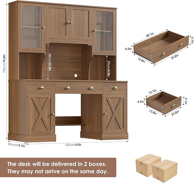 Keyluv 75" Executive Desk with Hutch and Drawers, Computer Desk with Glass Door and Storage Cabinet, 63" W Large Farmhouse Workstation for Home Office Study Writing Gaming Table, Brown