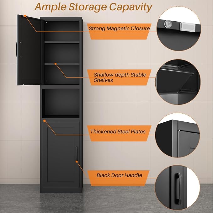 Tall Narrow Bathroom Storage Cabinet - Metal Pantry Cabinet, Slim Cabinet for Small Spaces, Bathroom, Kitchen