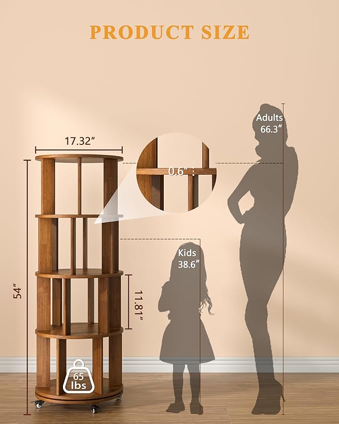 IUNVR Rotating Bookshelf, 4 Tier Solid Wood Bookshelf Tower with Lockable Wheels, 360° Spinning Revolving Bookcase for Small Spaces, Corners, Bedroom, Kids Room, Home Office, Walnut