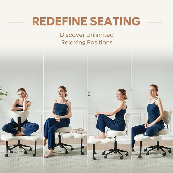Pinmoco Ergonomic Cross Legged Chair, 360° Swivel Meditation Chair with Wheels, Height Adjustable Seat for ADHD, Strong Lumbar Support, Chic Home Office Furniture, Teddy Fabric, Off White
