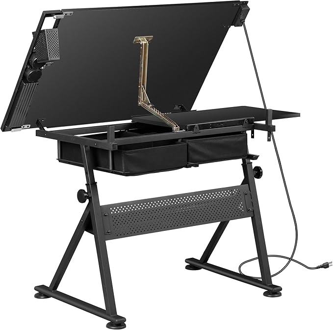 HomGarden Height Adjustable Drafting Desk Drawing Table Art Craft Work Station w/Stool, Power Outlet and Storage Drawers for Home Office Study Room, Black