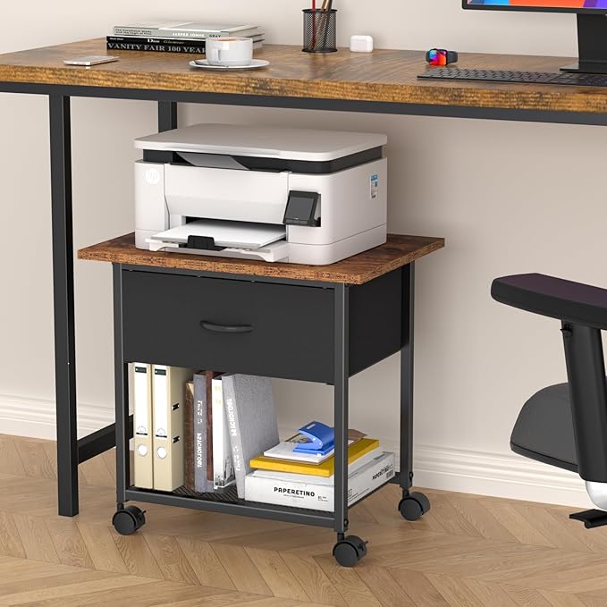 DAOUTIME 2-Tier Printer Stand with Storage Drawer, Under Desk Printer Table with Shelves, Mobile Printer Cart on Wheels for Small Spaces/Home Office, Fits 3D Printer Scanner, Rustic Brown and Black
