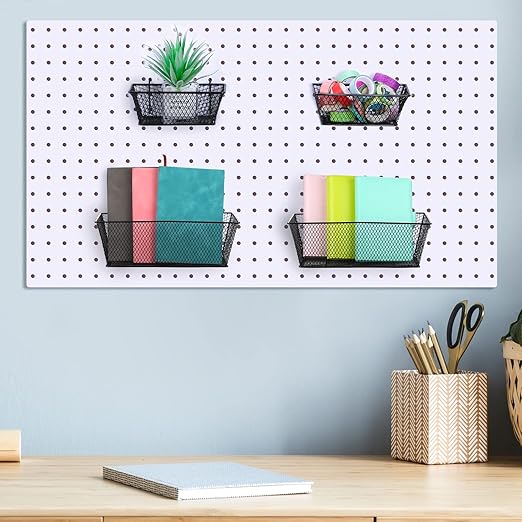 Sieral 4 Pcs Black Pegboard Baskets Metal Wire Shelf Baskets Peg Board Organizer Accessories Wall Mount Organizer Attachments for Garage Workbench Various Tool Accessories, 2 Sizes (Small, Medium)