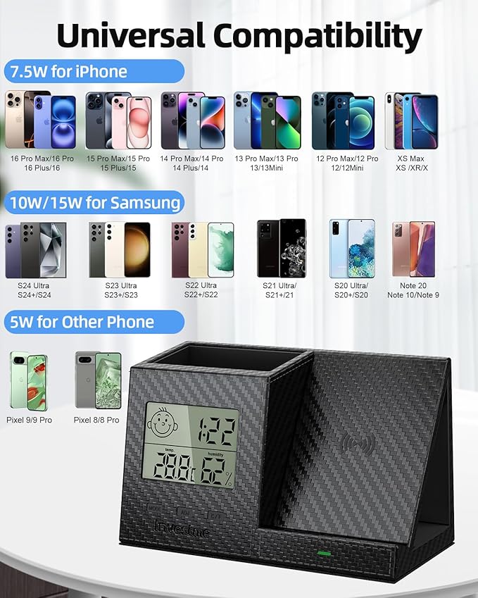 Pen Holder for Desk, Desk Organizer with Wireless Charger, Built in Digital Indoor Thermometer and Humidity Monitor, Multi-Functional Pencil Organizer for Home Office, Black Carbon Fiber