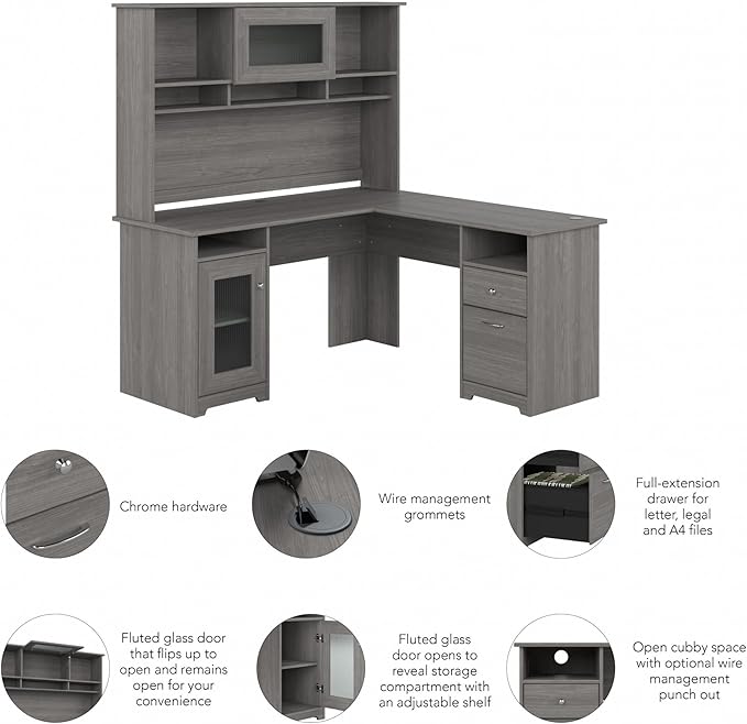 Bush Home Cabot L Shaped Desk with Hutch, Corner Desk with Storage for Home Office in Modern Gray, 60W L Shaped Computer Desk