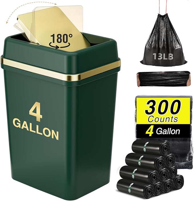 Bathroom Trash Can with Lid 4 Gallon Trash Can with Swing Lid Dark Green Small Garbage Can Bathroom Garbage Can with 300 Counts Trash Bags for Kitchen Bedroom Office