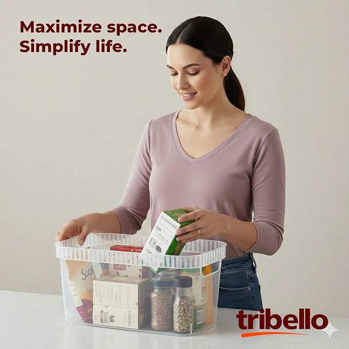 Tribello Modern Narrow Organizer Storage Bin, Slim Clear Plastic Household Storage Container for Kitchen Pantry storage, Under Sink Bin, Bathroom/Laundry Room - 6 Pack (Narrow - 15” X 6” X 6”)