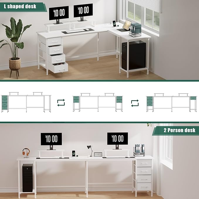 Korfile 66" L Shaped Computer Desk, 94.4'' Home Office Desk with Power Outlets, 4 Adjustable Storage Drawers & 2 Monitor Stands, Large Two Person Gaming Table for Writing Study, White