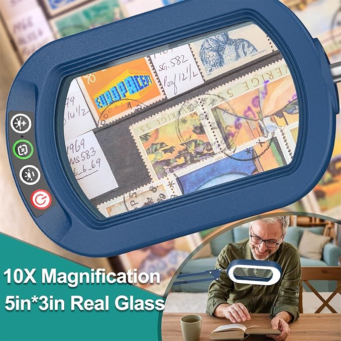 IVMAIE 10X Rectangle Magnifying Glass with Light, 5 Color Modes Stepless Dimmable Magnifier with Stand, LED Lighted Clamp Desk Lamp with Swing Arm, Hands Free for Reading Painting Close Work - Blue
