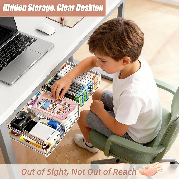 TooCust 2-Pack Under Desk Drawer for Desk with Frame & Beam, Fits Where Standard Drawers Can't, 52mm Heightened Slide Out Organizer, Dual Adhesive or Screw Mount, Clear PET Under Table Storage