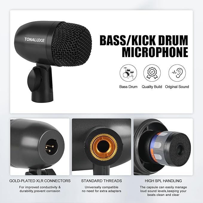 Drum Mic Kit, 7-Piece Wired Dynamic Drum Microphone Set with Carry Case,Thread Clip & Mics Holder, Full Metal Bass/Tom/Snare/Hi-hat Cymbals Mics for Instrument Recording & Music Production