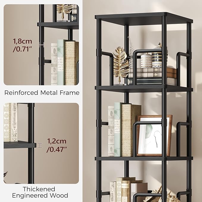 MAHANCRIS 4-Tier Rotating Bookshelf, Freestanding Corner Bookshelf, 360° Spinning Bookcase, Industrial Style Storage Rack with Rails, for Living Room, Bedroom, Study, Black BKBK1501