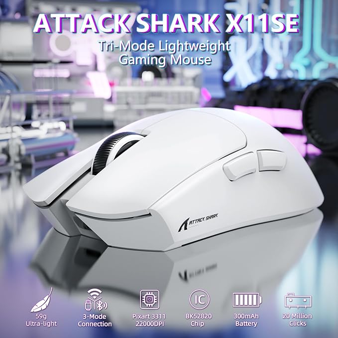 MAMBASNAKE Attack Shark X11SE Lightweight Wireless Gaming Mouse, Tri-Mode 2.4G/USB-C Wired/BT, 22K DPI, PAW3311 Optical Sensor, 59g, 5 Programmable Buttons, 300mAh Battery for PC/Mac(White)