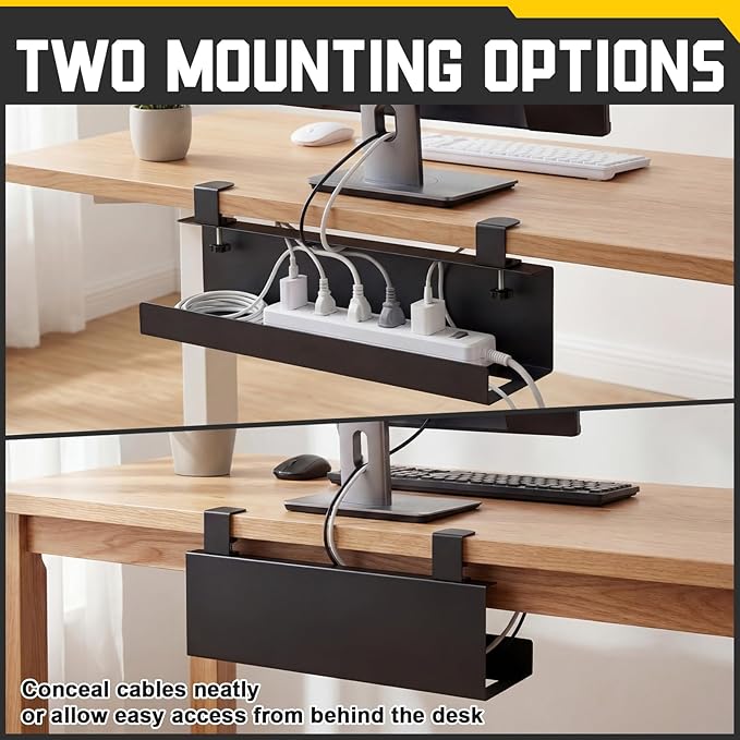 16×6×6 Inch No Drill Clamp-on Power Strip Cable Management Tray Under Standing Desk Steel Cable Organizer Wire Cord Tamer for Office, Home, Garage(Black)