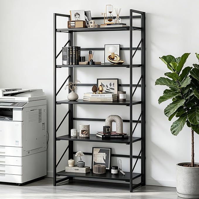JSB No Assembly Folding Bookshelf, 5 Tier Industrial Metal Book Shelf for Storage, Vintage Wood Foldable Bookcase for Living Room, Bedroom, Office Organization Shelves