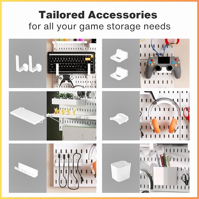Keepo Peg Board Wall Organizer for Gaming Setup, Pegboard with Adhesives & Screw Mounts, Includes Peg Board Accessories for Gaming Accessories, Tech Storage & Office Organization (White, 22″×22″)