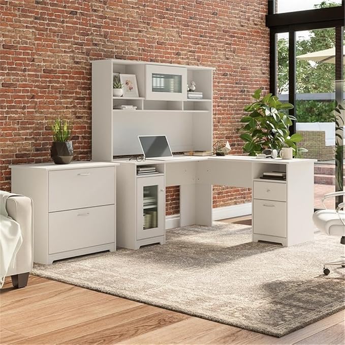 Pemberly Row 60W L Shaped Wood Desk Set, White Finish, Includes Hutch with Fluted Glass Door and Lateral File Cabinet, Built-in Wire Management, Adjustable Shelf, Home Office Furniture
