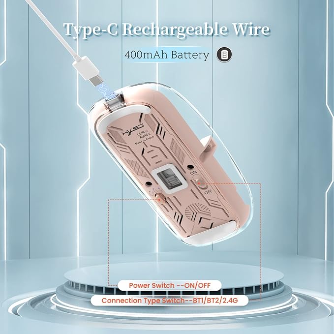 A.JAZZ Wireless Bluetooth5.1&2.4G Mini Lightweight Mouse,Transparent Clear Cool,Rechargeable Silent Computer Mice,Nano USB C Receiver,LED Battery Magic Silm for Office/PC/Mac/Laptop/Apple/ipad(Pink)