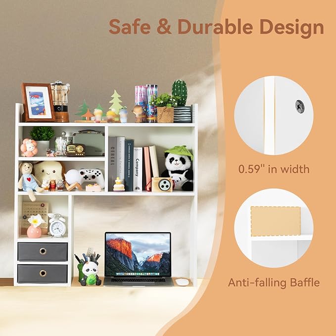 deli Desktop Bookshelf, High-Capacity Desk Hutch Organizer with 7 Shelves and 2 Drawers for Computer Desk, Desk Shelf Organizer for Dorm Office Home, White