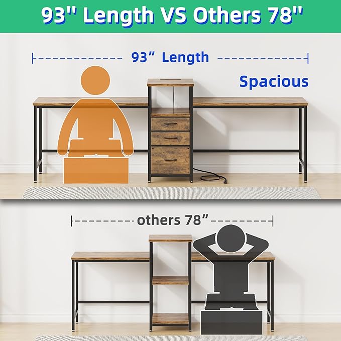 GYIIYUO 93'' 2 Person Desk with Charging Station, Two Person Long Desk with 3 Fabric Drawers and Printer Shelf, Double Computer Desk, Writing Study Table Workstation for Home Office, Rustic Brown
