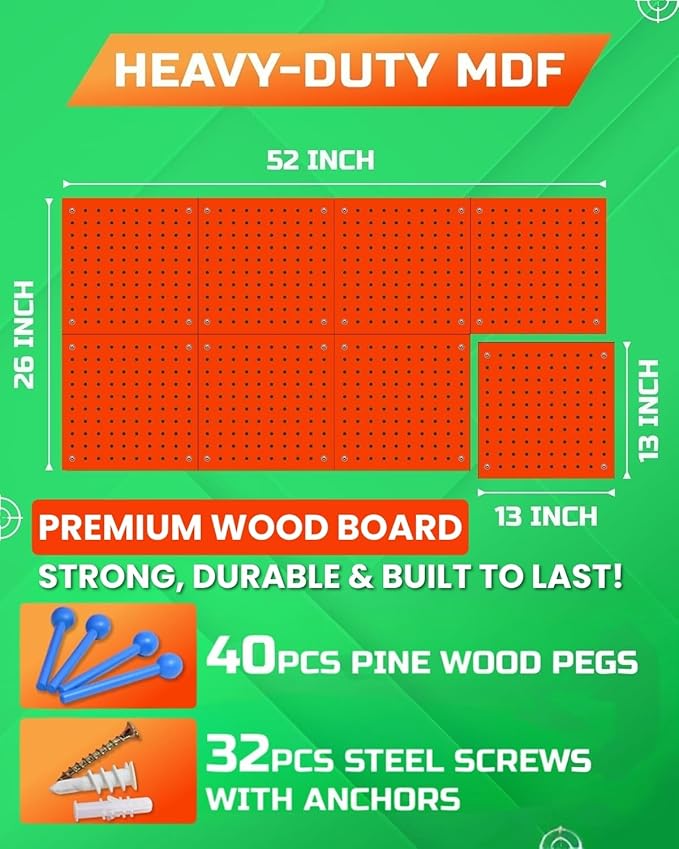 Skywin 2 Pack Wooden Pegboard Wall Organizer for Nerf Gun 13 x 13 x 0.31 Inches, Hanging Wall Pegboard Holder Compatible with All Blasters Nerf Gun Rack Organizer for Wall Organization (Orange)