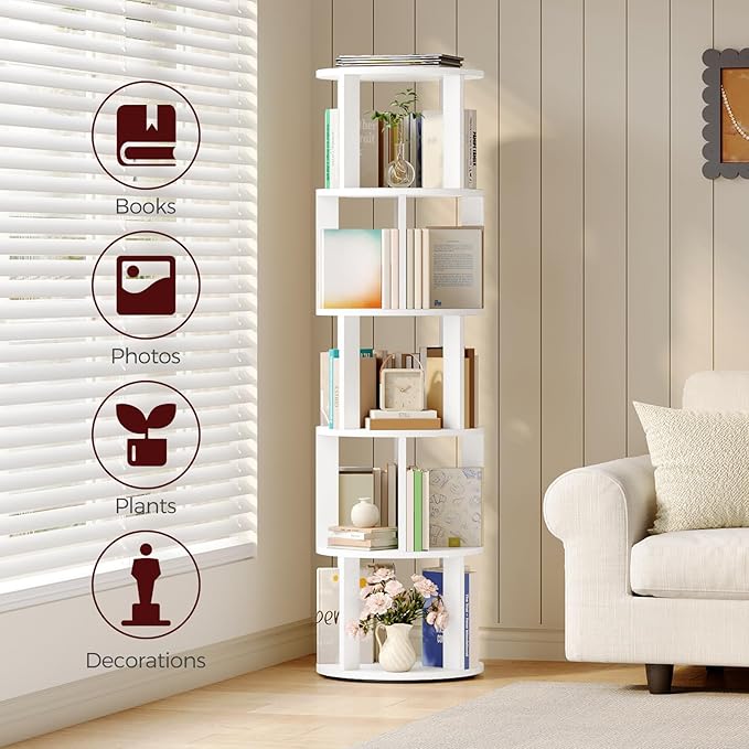 MAHANCRIS 5-Tier Rotating Bookshelf, 360° Spinning Bookshelf Tower, Floor Standing Round Revolving Bookcase, Display Rack for Books, CDs, for Living Room, Study, Bedroom, White BKWT6501