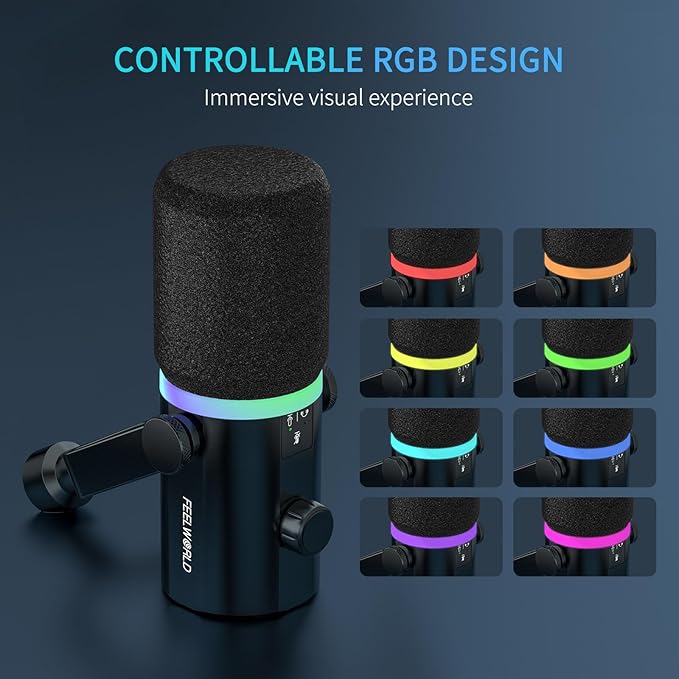 FEELWORLD PM1 XLR USB Dynamic Microphone with Boom Arm Stand Gifts for Podcast Recording PC Computer Gaming Live Streaming Vocal Voice-Over, Studio Metal Mic, RGB Light, Mute Button, Headphones Jack
