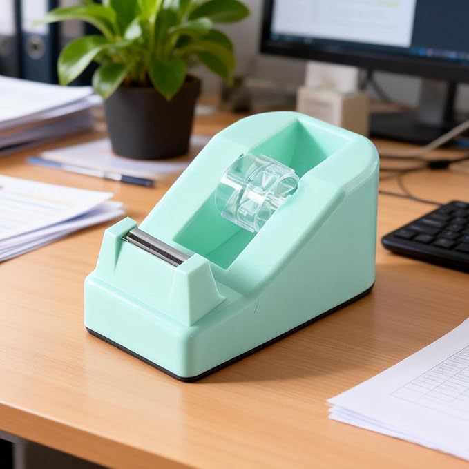 XEUZK Desktop Tape Dispenser Kits with Weighted Nonskid Base Tape Dispenser- Includes 9 Rolls of Transparent Tape(0.71 Inch x 500 inches Each) & Blue Scissors, 2 Pcs Tweezers (Green)